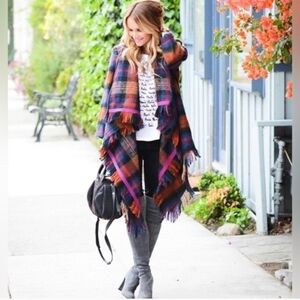 Anthropologie Hei Hei Plaid Tartan Wool blend warm Blanket Coat Jacket Sz M/L